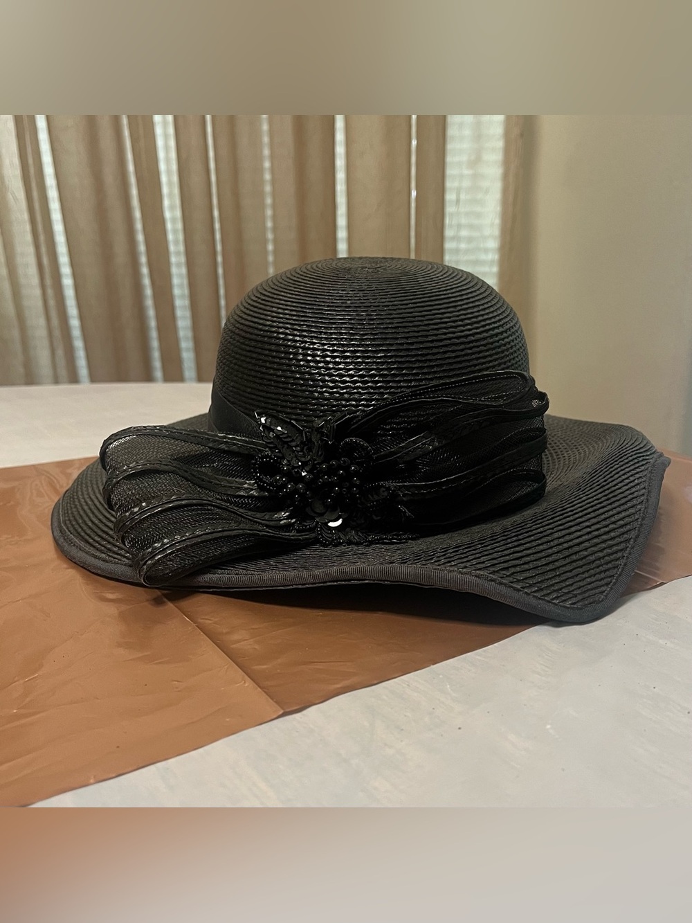 Elegant Black Wide-Brim Decorative Straw Hat for Women